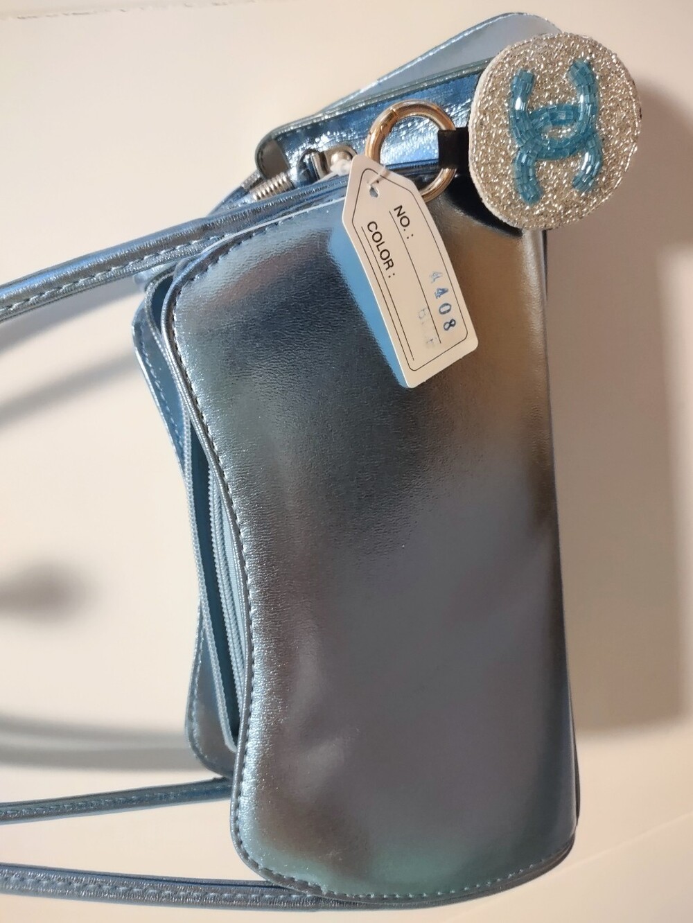 MODA BELLA Ice Blue Metallic Purse, Wallet Set of 3, with Hand Sanitizer Holder